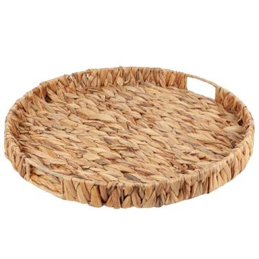 Imagem de Bandeja redonda para servir de vime grande com alças para mesa de centro, bandeja de jacinto de água natural tecida à mão de 45 cm