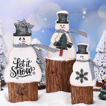 Imagem de 3 peças de decoração de boneco de neve de Natal, decoração de bandeja em camadas, decoração de mesa de madeira, fita xadrez preta e branca para cornija em casa, festa, férias, presentes de Natal