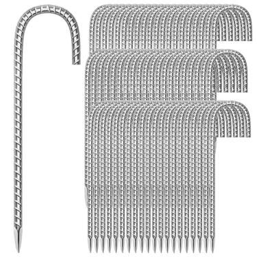 Imagem de Pacote com 60 estacas de vergalhão para jardim, 30 cm, aço galvanizado antiferrugem, gancho em forma de J, âncoras de solo resistentes para tendas, kits de posição, cercas e tecido paisagístico de