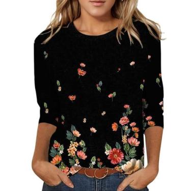 Imagem de Blusa feminina HughFance, manga 3/4, folgada, estampa floral