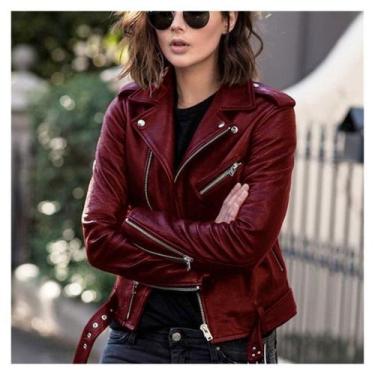 Imagem de Jaqueta de couro genérica para mulheres com gola redonda vermelha - Li