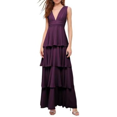 Imagem de Vestido para mãe da noiva XIUMAO Plum Chiffon com decote em V em camad