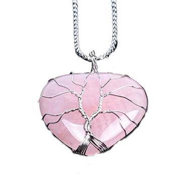 Imagem de Colar com pingente de pedra natural de ametista em forma de coração e quartzo rosa com pingente de pedra natural envolto em arame, coração, lua, lua crescente, para mulheres, presente de cristal de