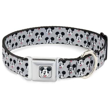 Imagem de Coleira Disney para animais de estimação, fivela de cinto de segurança de metal, gola de cachorro, monograma de rosto sorridente do Mickey Mouse, cinza, 24 a 33 cm de largura