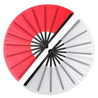 Imagem de Yunaeduo Pacote com 2 leques grandes dobráveis para dança em linha, botas no chão, fãs de rave, fãs de dança portáteis de tecido de nylon de 33 cm (vermelho e branco)