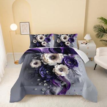 Imagem de QOOMO Conjunto de cama solteiro com flores roxas, desenho animado, plantas, para decoração de quarto de meninos e adolescentes, macio e leve para todas as estações, 1 edredom e 2 fronhas
