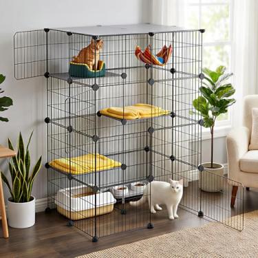 Imagem de Oneluck Gaiola para Gatos de 4 Camadas de 47,2 Polegadas DIY Cercadinho de Metal Destacável com 3 Portas e 4 Níveis, Ideal para 1-2 Gatos, Preto, 28L x 28W x 41H, Fácil Montagem