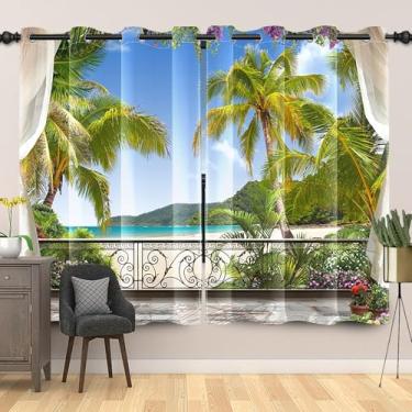 Imagem de Laeacco Cortinas blackout para cenário de praia, varanda e vista para o oceano, palmeiras tropicais, paisagem litorânea, cortinas de janela para casa, escritório, quarto, sala de jantar, 132 x 213 cm
