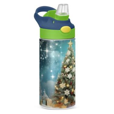 Imagem de YETTASBIN Garrafa de água de árvore de Natal para crianças, 340 g, à prova de vazamento, parede dupla, isolada, copo de viagem com tampa de canudo para meninas, meninos e crianças