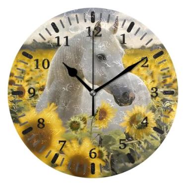 Imagem de CEBUGI Relógio de parede com cavalo, girassóis, operado por bateria, relógios de parede silenciosos sem tique-taque para cozinha, banheiro, quarto, escritório, decoração 25,4 cm