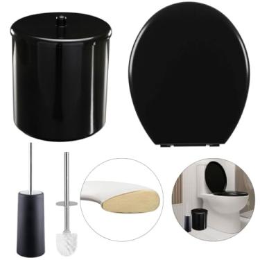 Imagem de Assento Sanitário Oval Almofadado Preto + Lixeira Preta 6L Redonda C/Tampa + Escova Sanitária Base Preta