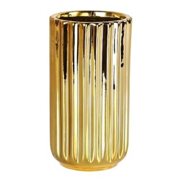 Imagem de Ioensy Vaso de cerâmica dourada em formato cilíndrico, ideal para arranjos florais e plantas em ambientes internos, como escritórios e residências, 8cmx15.5cm
