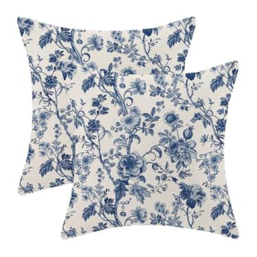 Imagem de Sorktse Conjunto de 2 fronhas florais vintage 45,7 x 45,7 cm conjunto de 2 almofadas florais azul marinho decoração ao ar livre primavera verão flores fronhas de linho para cama sofá sofá