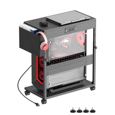 Imagem de Suporte ajustável para torre de computador com tomadas de energia e carregamento USB, suporte de PC resistente, suporte de CPU embaixo da mesa para estojo ATX, PC para jogos, e-sports e home office