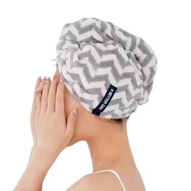 Imagem de Mistura de poliéster envoltório de cabelo de secagem rápida de microfibra, turbante listrado moderno, absorvente macio, tampa com baixo teor de fiapos para chuveiro, spa, academia, viagem, cinza