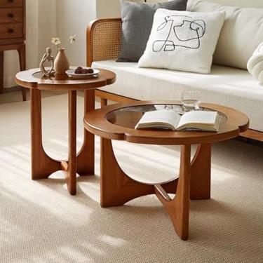 Imagem de Mesa de centro redonda para sala de estar, mesa de canto de sofá de vidro, mesa lateral para sala de estar, mesa de centro retrô, design de madeira de meados do século (conjunto de 2 peças)