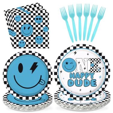 Imagem de Greencian Conjunto de utensílios de mesa descartáveis de papel xadrez preto e branco com 96 peças, decoração de festa de 1º aniversário, chá de bebê, suprimentos de festa, serve 24 unidades