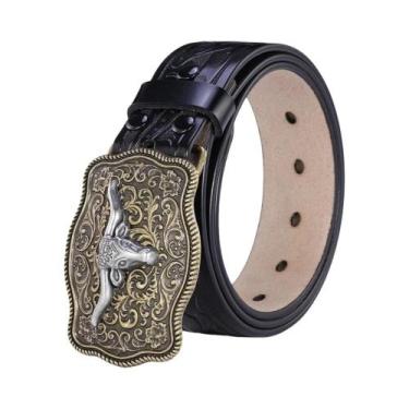 Imagem de Cinto Masculino De Couro Genuíno Com Fivela Dourada Estilo Western Let