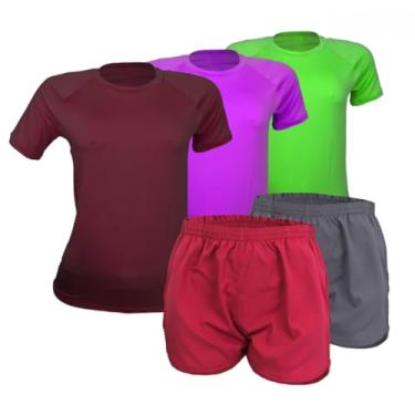 Imagem de 3 Camisetas Manga Curta + 2 Bermudas Tactel Feminina Proteção UV (P, Vinho-Roxo-Verde N-Rosa-Cinza)