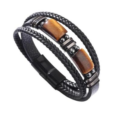 Imagem de Pulseira Masculina Retrô De Couro Com Pedra Olho De Tigre E Fecho Magn