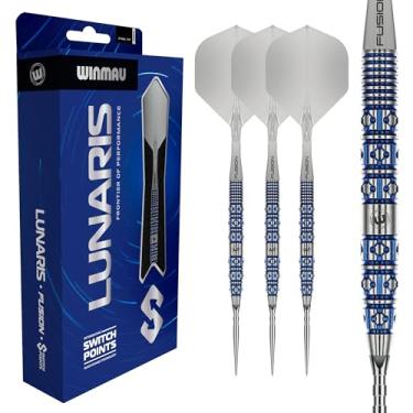 Imagem de WINMAU Dardos – Conjunto de dardos Lunaris 90% tungstênio 24 g | Eixo curto transparente Fusion | Sulco e ponto de interruptor suave | Barris cônicos azuis e prateados | Sistema de troca rápida