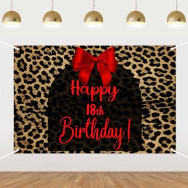 Imagem de Pano de fundo de aniversário de 18 anos com estampa de leopardo vermelho, laço para fotografia de feliz aniversário, decoração de festa de aniversário, faixa para fotos, suprimentos