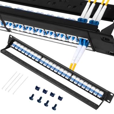 Imagem de Xunsomten Patch Panel de fibra 1U com 24 LC OS2 adaptadores de fibra óptica monomodo acopladores Keystone Jack modular com Keystone branco em linha, conectores de modo único para racks padrão de 48.3