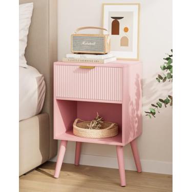 Imagem de Aienvey Mesa de cabeceira com estação de carregamento e luzes LED, mesa lateral pequena, mesa de cabeceira com gaveta, mesa de cabeceira moderna, mesa de canto para quarto, sala de estar (faixa rosa)