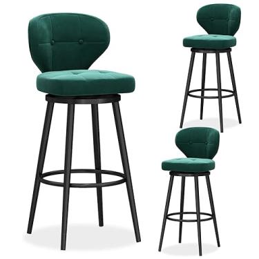 Imagem de Conjunto de 3 bancos de bar giratórios com altura de balcão, banquetas modernas de veludo com encosto médio, cadeira de bar estofada com base de metal, bancos de ilha de cozinha