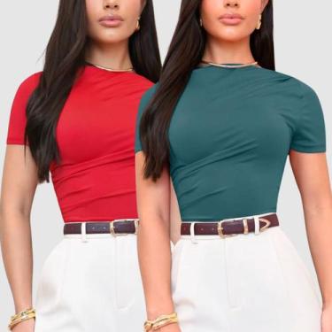 Imagem de Kit 2 Blusas Blusinha Baby Look Feminina Básicas Manga Curta Suplex Dr