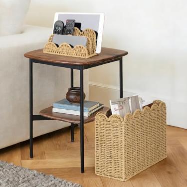 Imagem de AELS Conjunto de cesta recortada à mão de organizador de correspondência e porta-revistas, porta-correspondência estilo costeiro e porta-revistas de chão, cesta de livros boho moderna de fazenda