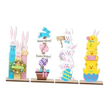 Imagem de KiBcsLic Conjunto de 4 enfeites de mesa em madeira com coelhinho da Páscoa, decoração para cozinha, prateleira ou estilo fazenda.
