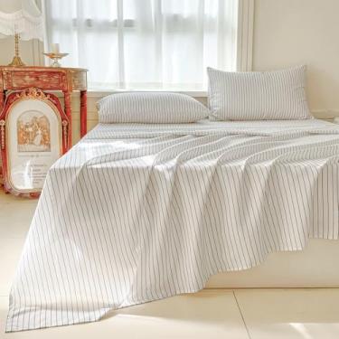 Imagem de NSNLGSGC Jogo de lençol completo listrado preto e branco, lençóis de cama casal risca de microfibra escovada macia, conjunto de lençóis listrados de 4 peças com bolso profundo