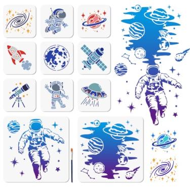 Imagem de MAYJOYDIY 11 peças estêncil de astronauta galáxia nave espacial estêncil reutilizável modelo de desenho de planeta satélite com pincel de pintura para artesanato em janela, parede de madeira