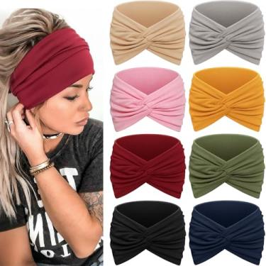 Imagem de Awumbuk Bandanas largas para mulheres, pacote com 8 faixas de cabelo estilo turbante, tecido absorvente de umidade, design de nó cruzado, multicolorido, 19 cm de largura, para esportes e uso diário