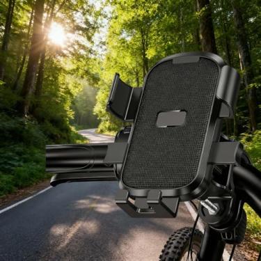 Imagem de Suporte universal de telefone de bicicleta para guidão, suporte ajustável para smartphone para ciclismo e e-bikes, aderência de telefone de rotação de 360° com grampo seguro para uso em bicicleta