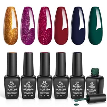 Imagem de Esmalte de gel Beetles, 6 cores de inverno bordô vermelho glitter dourado verde esmalte gel, lâmpada uv de imersão para unhas curadas, gel para unhas de férias faça você mesmo, kit de manicure caseiro