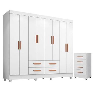 Imagem de Guarda Roupa Casal Porto com Cômoda Lite 4 Gavetas Branco Brilho  Móve