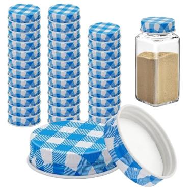 Imagem de 36 tampas de potes de ferro para potes quadrados de 113 g e 170 g reutilizáveis latas herméticas de armazenamento de especiarias para cozinha de vedação agradável (grade azul)