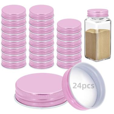 Imagem de 24 tampas de pote de ferro para potes quadrados de 113 g e 170 g reutilizáveis latas herméticas de armazenamento de especiarias tampas de conserva para cozinha com boa vedação (rosa)