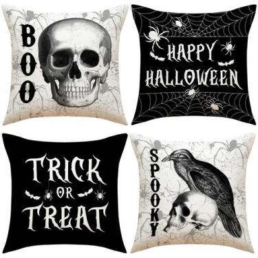 Imagem de Capa de travesseiro decorativa de caveira de Halloween 45x45cm de linh