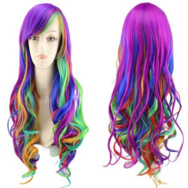 Imagem de Peruca de cosplay Rainbow Long Curly Multicolor 70cm para adolescentes