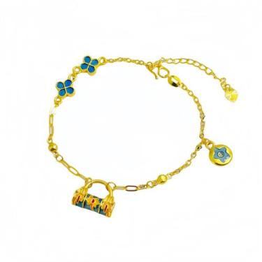 Imagem de Pulseira banhada a ouro para mulheres com pingente de bolsa floral esm