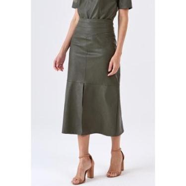 Imagem de Saia Midi PKS Couro Sintético Fenda Frontal Verde Militar-Feminino