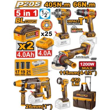 Imagem de Combo 5 em 1 Ingco a Bateria 20v CKLI20595-9, Furadeira 66N, Martelete