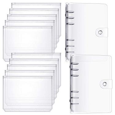 Imagem de 2 peças A6 protetor de agenda de 6 anéis de PVC macio transparente com fecho de botão de pressão e 10 peças A6 tamanho bolso de fichário 6 furos folgado sacos de folha com zíper para materiais escolares de escritório