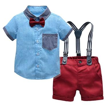 Imagem de Roupas de bebê, camiseta de manga gêmea, suspensórios, shorts, crianças, cavalheiros, roupas para meninos 4 anos, Azul, 3-6 Months