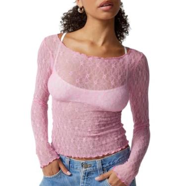 Imagem de PAODIKUAI Blusa feminina de malha gola redonda de renda transparente blusa transparente blusas sexy de renda, rosa, P