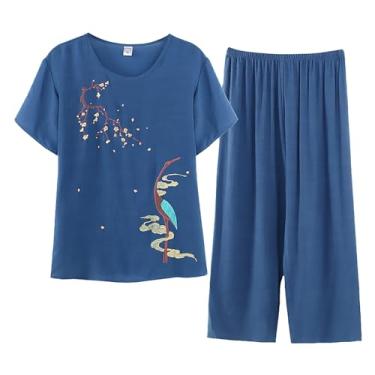 Imagem de Conjuntos femininos de linho de verão de 2 peças, camisetas de manga curta com calça de perna larga, roupas de férias plus size para idosos, Azul, XX-Large