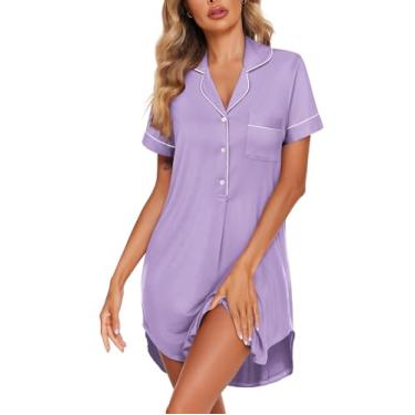 Imagem de Ekouaer Camisa de dormir feminina com botões e gola V, manga curta, pijama macio, Violeta, GG